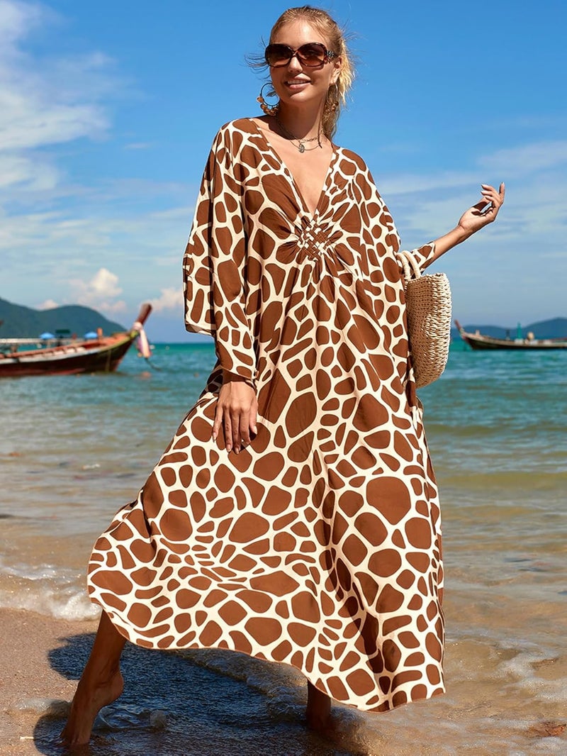 IMAGEKOPE Women's Plus Size Animal Print V-Neck Batwing Kaftan Beach Dress Bathing Suit Cover-Up Loungewear - Image 3